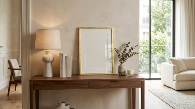 A wooden console table with a gold frame and a vase of flowers on top, with a white sofa and a window in the background.