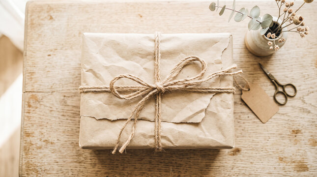 Small rectangular parcel wrapped in crinkled brown kraft paper tied with rustic twine string resting on textured wooden table alongside vintage scissors and blank tag