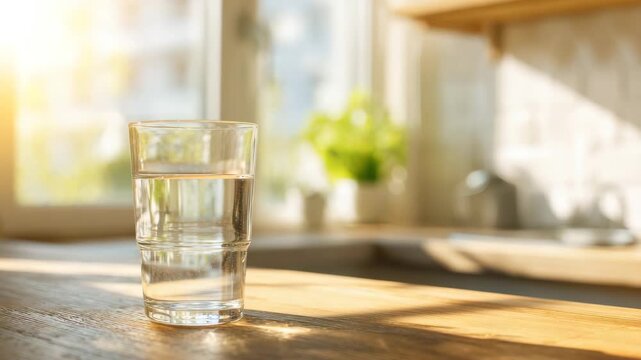 Water glass on kitchen table with morning sunlight