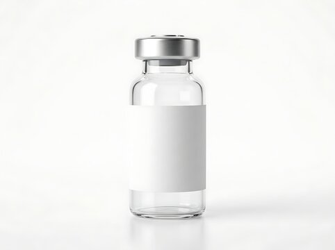 Empty medical glass vial with blank label for vaccine or pharmaceutical drug packaging.