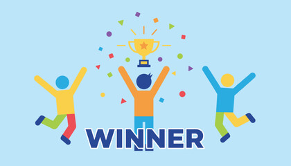 Fototapeta premium Joyful team of stylized stick figures celebrating a victory with a golden trophy and colorful confetti on a blue background.