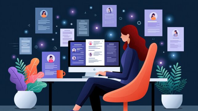 Woman reviewing job applications on computer screen with profiles displayed in the background during a digital recruitment process