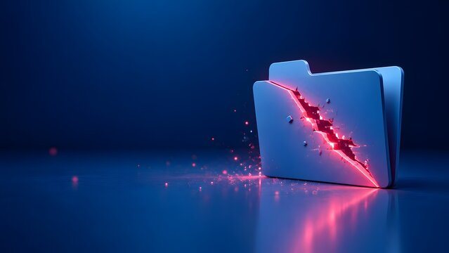Broken file folder icon with glowing red fracture and digital sparks, symbolizing corrupted data error, software vulnerability and security breach