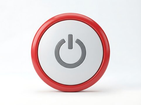 Red power button icon, 3D circular start switch on white background, glossy plastic standby control for technology and energy concepts