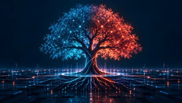 Glowing digital tree with circuit network nodes representing artificial intelligence growth machine learning and advanced data infrastructure