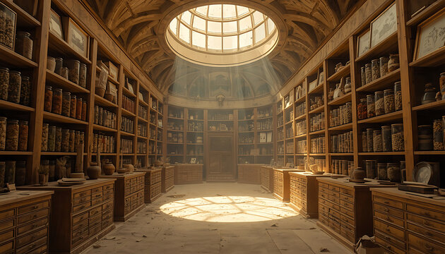 Old Books in Historic Library Interior with Arched Corridors, Stone Columns and Elegant European Architecture