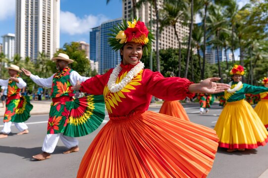 Smiling Hawaiian hula dancer performing in street parade