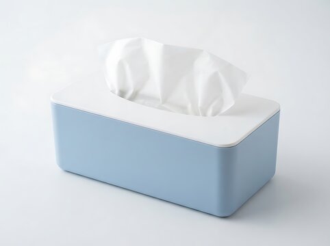Blue tissue box with white paper napkins isolated on a clean white background