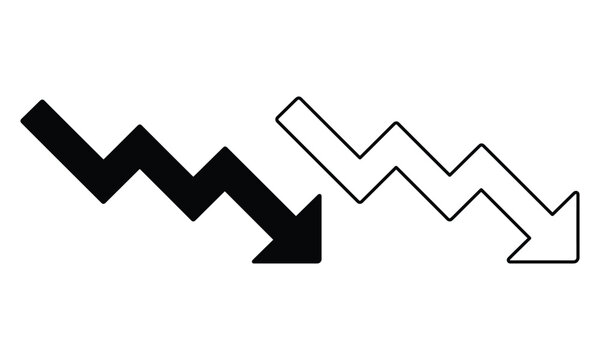These professional solid and outline zigzag arrows pointing down on white with bright studio lighting show loss and failure.