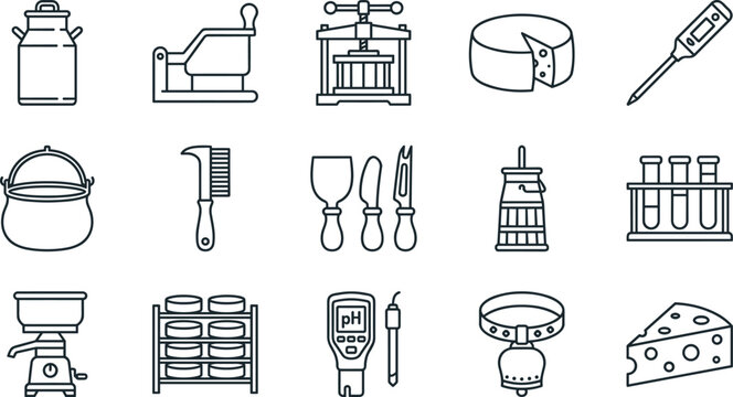 Cheese making outline icon set featuring milk bottle cheese wheel dairy equipment bucket whisk grater scale fermenting tools and artisan food production symbols for websites mobile apps ui kits