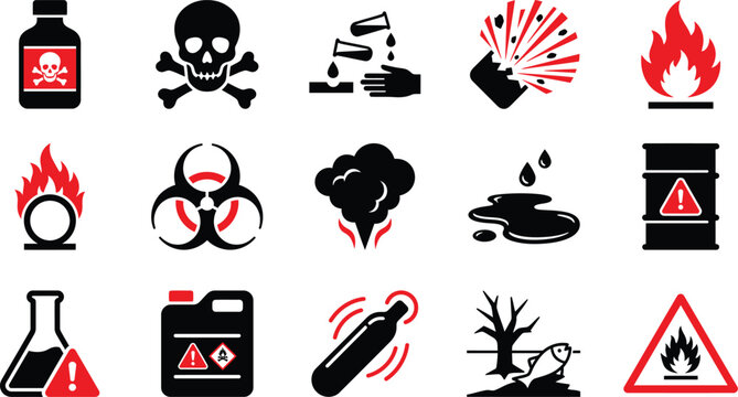 Set of various hazard warning signs and industrial safety symbols for chemical and dangerous materials handling
