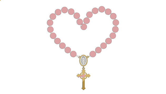 Catholic pink beaded rosary arranged in a heart shape with a Virgin Mary medallion and a golden crucifix cross.