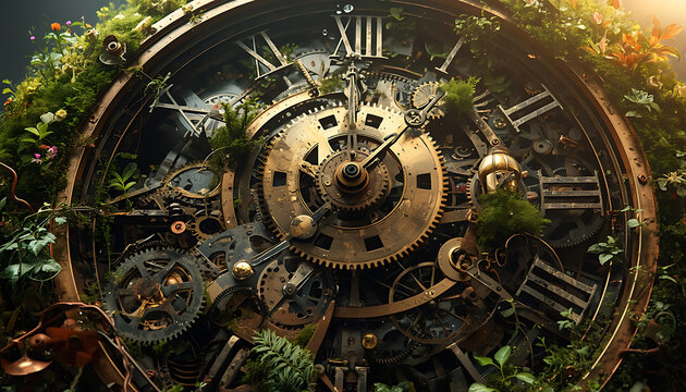 Vintage Old Clock Mechanism with Interlocking Metal Gears, Antique Mechanical Clockwork, Detailed Timepiece Interior, Industrial Engineering and Classic Technology Close-Up