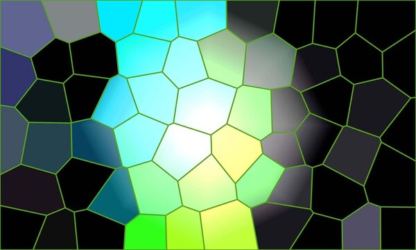 Modern cyan and lime green mosaic pattern with black geometric tiles and a bright central light glow