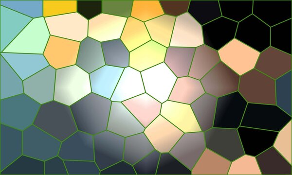 Modern geometric mosaic featuring sky blue yellow and dark brown tiles with a bright central luminous highlight