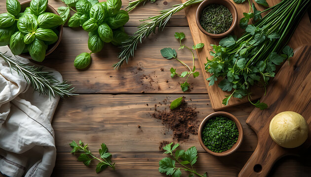 Fresh Herbs and Spices Assortment on Wooden Table with Parsley, Thyme, Rosemary and Mint for Healthy Cooking and Aromatic Seasoning