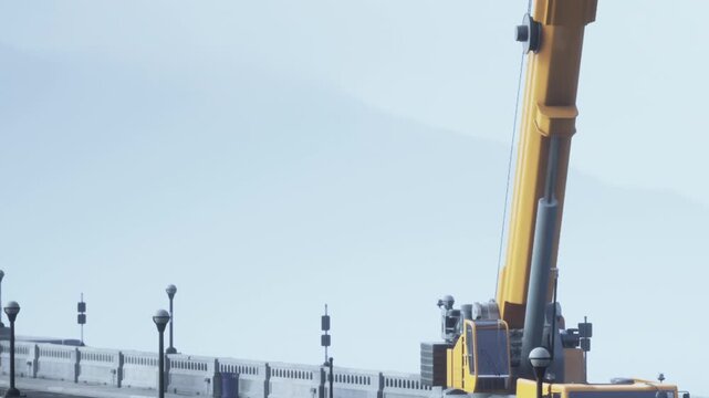 Workers use a crane to lift heavy materials at a construction site by the water. The scene is during the early morning with a clear sky and distant mountains.