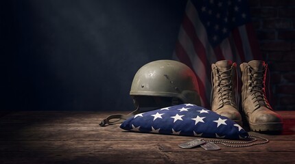 Fototapeta premium Veterans day still life with military helmet boots folded flag and dog tags