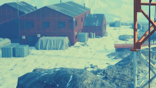 Snow covers the ground around red buildings in a remote area. A communication tower stands tall. Equipment is nearby, hinting at work in this cold location during daylight.