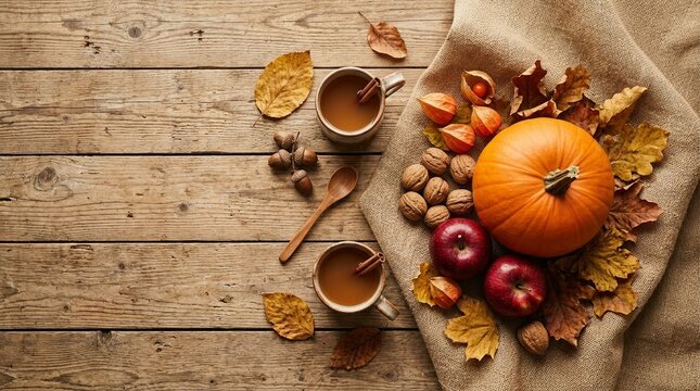 Autumn harvest bounty with pumpkin apples nuts and spiced drinks on rustic wood during golden hour