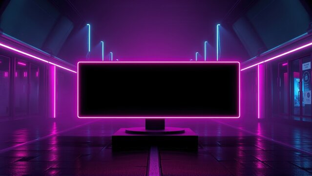 Futuristic corridor features glowing rectangular display. Neon lights illuminate sleek, dark interior. Minimalist design creates dramatic effect.