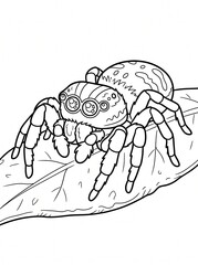Fototapeta premium Detailed realistic spider with web, black and white coloring page. Part of a large matching collection of spider coloring pages for adults and children.