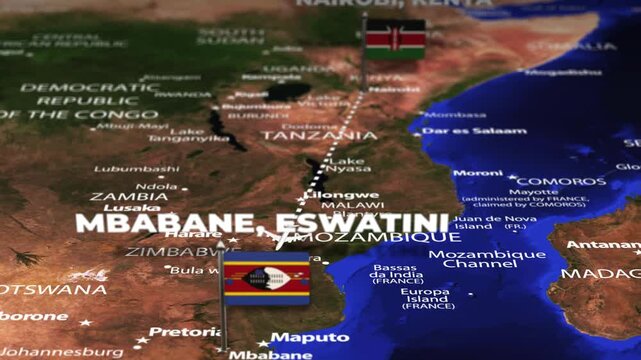 Flight From Nairobi KENYA to Mbabane Eswatini with flag pins