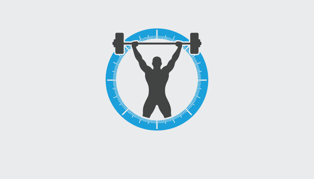 Silhouette of a powerful weightlifter lifting a heavy barbell inside a circular blue fitness measurement gauge.