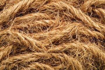 Fototapeta premium Coiled natural fiber ropes lying on a surface in a close-up view