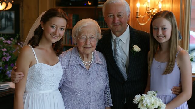 Multi-generational family portrait during a wedding celebration with warm indoor lighting and a celebratory atmosphere