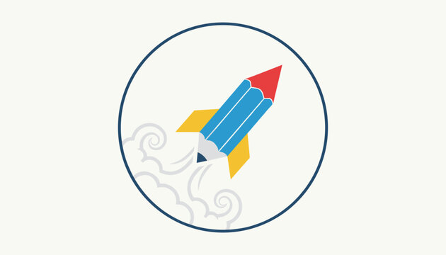 Creative concept illustration of a pencil rocket ship launching upwards with clouds inside circular frame.
