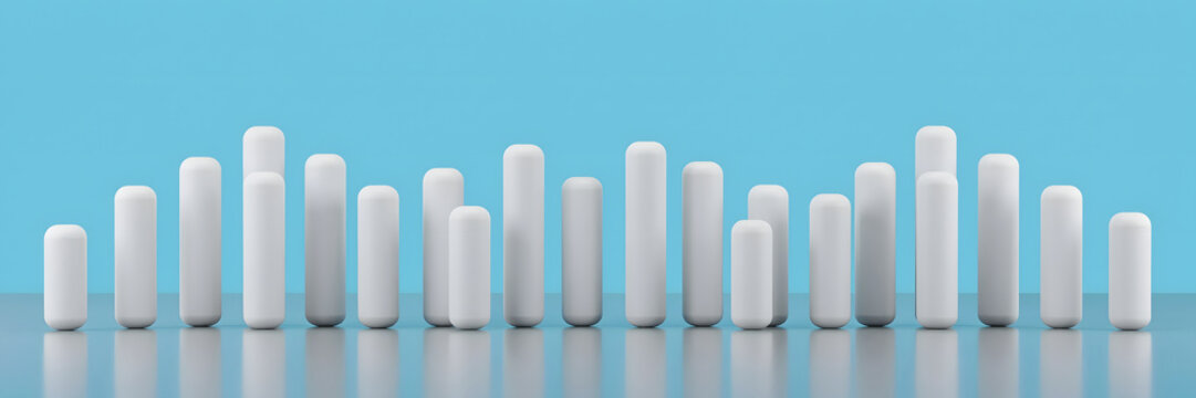 White 3d pill-shaped vertical bars arranged in a wave pattern on a light blue background, creating a clean and minimalist data visualization