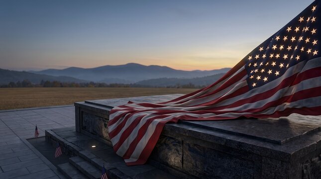 American flag draped over a memorial with a mountain sunset on Veterans Day