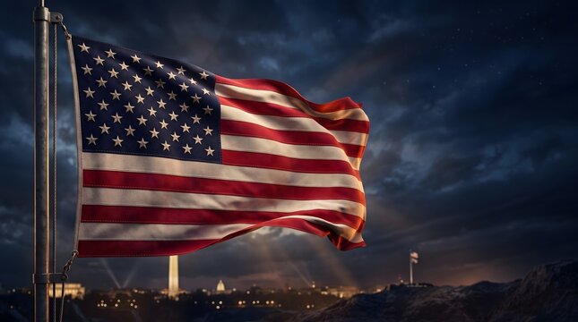 American flag waving at night with city skyline patriotic Veterans Day illustration