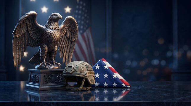 Bald eagle statue with american flag and military helmet for veterans day remembrance