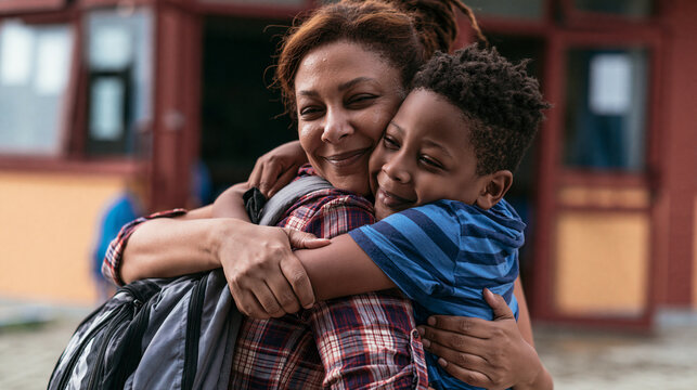 Boy hugging his mother outside school building happily on sunny morning before classes.