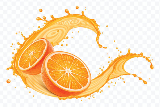 realistic orange slice with juice splash in different style isolated on transparent background
