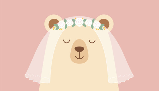 Cute cream bear character wearing a white bridal veil with a flower crown of roses on a soft pink background.