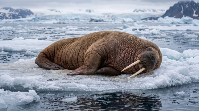 Large walrus resting on floating ice floe in cold arctic ocean waters