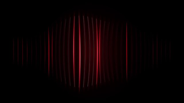 A futuristic motion graphics video showing bright red glowing vertical lines that pulse with light against a dark black background creating a sleek high tech audio waveform or digital visualizer style