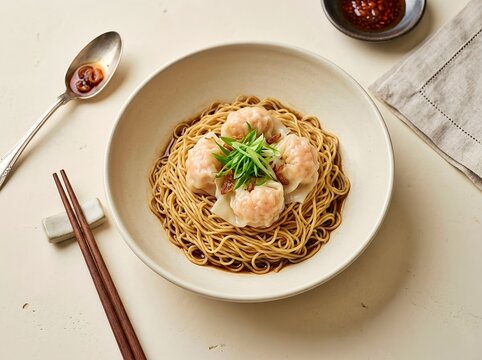 Cantonese Wonton Egg Noodles with Roasted BBQ Pork Char Siu. Traditional Hong Kong and Southern Chinese cuisine, street food culture, comfort food, and Asian culinary heritage