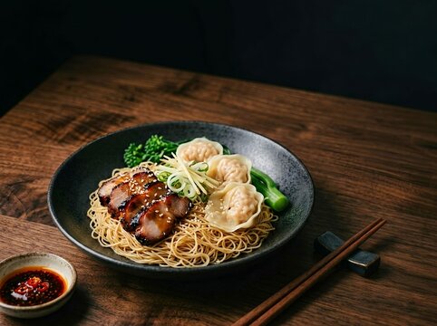 Cantonese Wonton Egg Noodles with Roasted BBQ Pork Char Siu. Traditional Hong Kong and Southern Chinese cuisine, street food culture, comfort food, and Asian culinary heritage