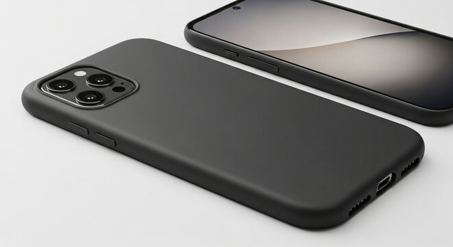 A premium black matte protective cover rests next to a high-end smartphone with a triple camera configuration highlighting the durable material and functional design for everyday mobile device