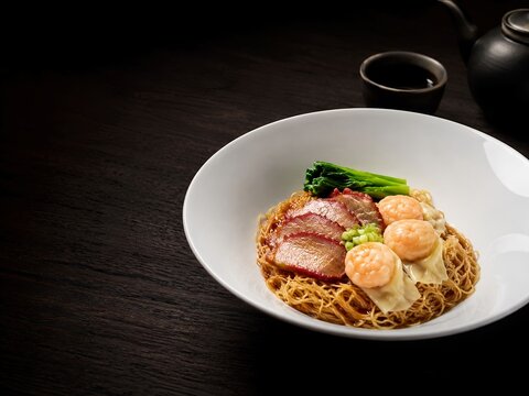 Cantonese Wonton Egg Noodles with Roasted BBQ Pork Char Siu. Traditional Hong Kong and Southern Chinese cuisine, street food culture, comfort food, and Asian culinary heritage