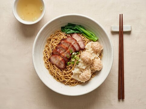 Cantonese Wonton Egg Noodles with Roasted BBQ Pork Char Siu. Traditional Hong Kong and Southern Chinese cuisine, street food culture, comfort food, and Asian culinary heritage