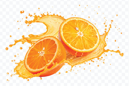 realistic orange slice with juice splash in different style isolated on transparent background
