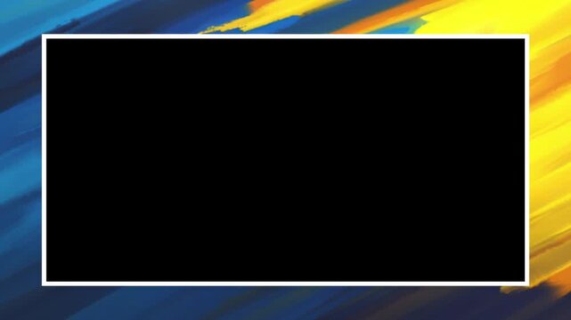 Abstract painted border featuring blue and yellow brushstrokes around a black frame.