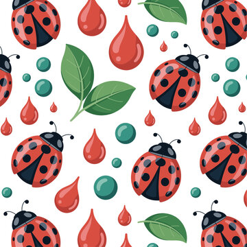 Cute seamless pattern with red ladybugs with green leaf vector on white background.