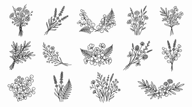 Hand Drawn Botanical Bouquet Line Art Collection with Wildflowers and Garden Plants