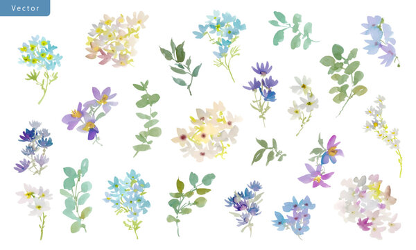 Watercolor Modern Floral Vector Clipart Set with Abstract Hand-Painted Blue, White, and Purple Wildflowers for Fabric, Stationery, Wedding Invitations, and Surface Design. Botanical Illustrations.